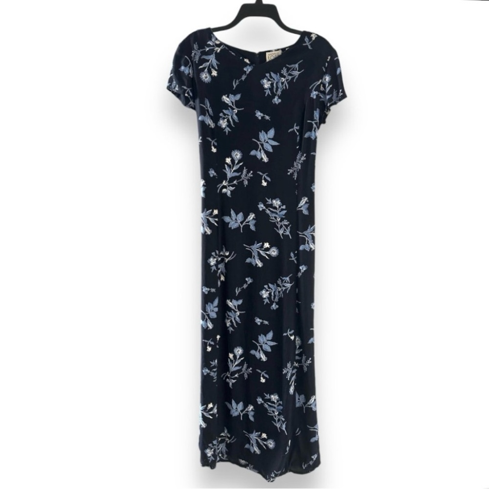 Vintage 90s Ann Taylor Navy Blue Floral Short Sleeve Maxi Dress Women’s Size 6
